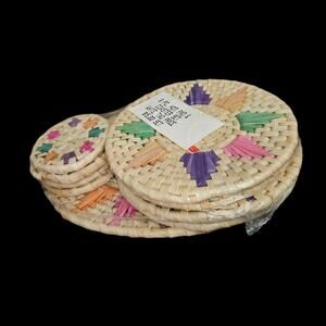 Vintage Woven Straw Hot Pad & Coaster Set Colorful Boho Kitchen Decor 9 Pc